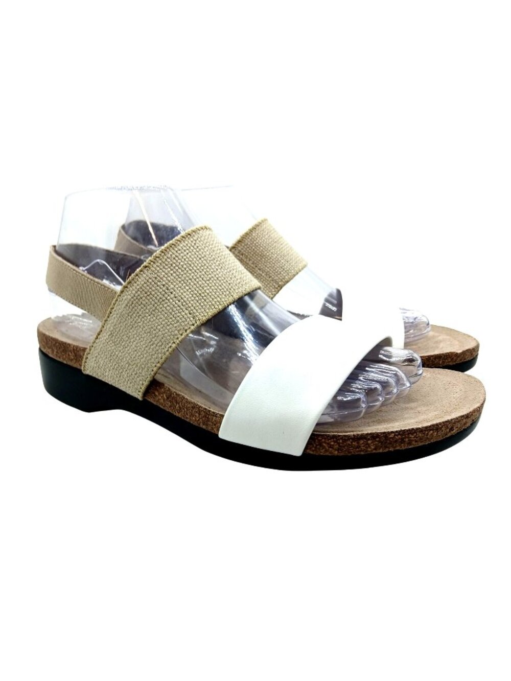 Munro Womens Pisces Sandal Beige White Elastic Size 8 W Cork Sole Low Wedge Heel